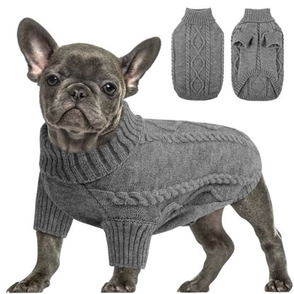 Picture of Queenmore Small Dog Pullover Sweater, Cold Weather Cable Knitwear, Classic Turtleneck Thick Warm Clothes for Chihuahua, Bulldog, Dachshund, Pug (Slate Grey, Small)