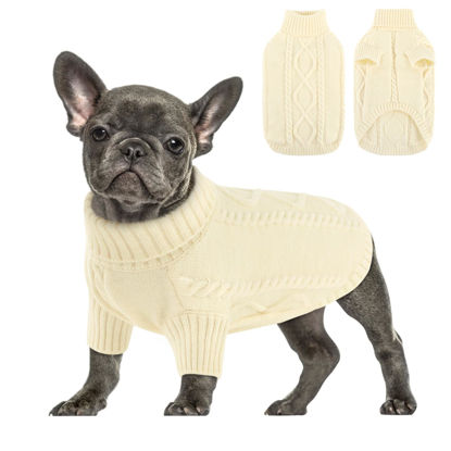 Picture of Queenmore Small Dog Pullover Sweater, Cold Weather Cable Knitwear, Classic Turtleneck Thick Warm Clothes for Chihuahua, Bulldog, Dachshund, Pug (White, Small)