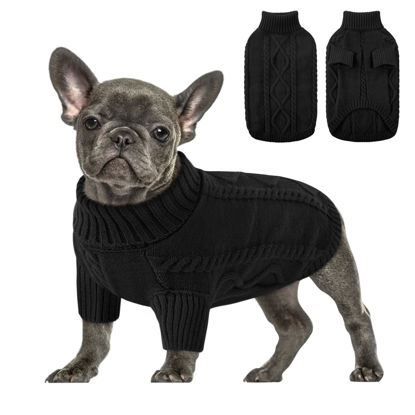 Picture of Queenmore Small Dog Pullover Sweater, Cold Weather Cable Knitwear, Classic Turtleneck Thick Warm Clothes for Chihuahua, Bulldog, Dachshund, Pug (Black, Small)