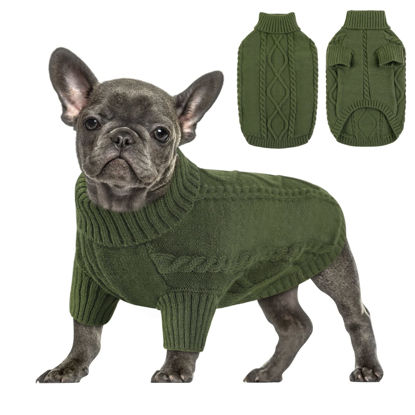 Picture of Queenmore Small Dog Pullover Sweater, Cold Weather Cable Knitwear, Classic Turtleneck Thick Warm Clothes for Chihuahua, Bulldog, Dachshund, Pug (Army Green, X-Large)