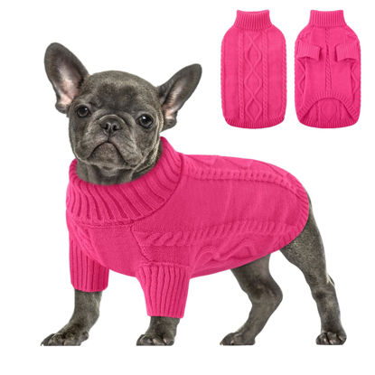 Picture of Queenmore Small Dog Pullover Sweater, Cold Weather Cable Knitwear, Classic Turtleneck Thick Warm Clothes for Chihuahua, Bulldog, Dachshund, Pug (Fuchsia, Medium)