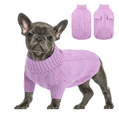 Picture of Queenmore Small Dog Pullover Sweater, Cold Weather Cable Knitwear, Classic Turtleneck Thick Warm Clothes for Chihuahua, Bulldog, Dachshund, Pug (Lilac, X-Large)