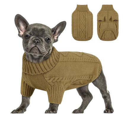 Picture of Queenmore Small Dog Pullover Sweater, Cold Weather Cable Knitwear, Classic Turtleneck Thick Warm Clothes for Chihuahua, Bulldog, Dachshund, Pug (Light Brown, Large)