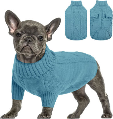 Picture of Queenmore Small Dog Pullover Sweater, Cold Weather Cable Knitwear, Classic Turtleneck Thick Warm Clothes for Chihuahua, Bulldog, Dachshund, Pug (Peacock Blue, Small)