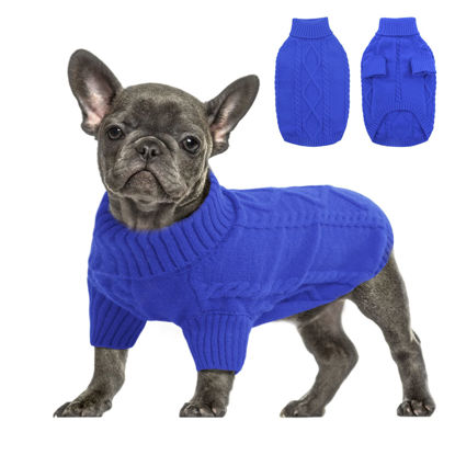 Picture of Queenmore Small Dog Pullover Sweater, Cold Weather Cable Knitwear, Classic Turtleneck Thick Warm Clothes for Chihuahua, Bulldog, Dachshund, Pug (Royal Blue, Large)