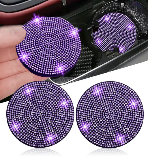 Picture of 2pcs Bling Car Cup Holder Coaster, 2.75 inch Anti-Slip Shockproof Universal Fashion Vehicle Car Coasters Insert Bling Rhinestone Auto Automotive Interior Accessories for Women (2 pcs, Purple Violet)