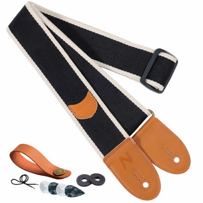 Picture of Nefelibata Guitar Strap, Cotton Full Grain Leather Ends Guitar Straps with Pick Pocket for Bass, Electric & Acoustic Guitar, Come with Free Strap Button, 1 Pair Strap Locks and 4 Guitar Picks