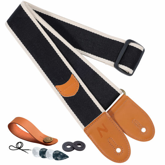 Picture of Nefelibata Guitar Strap, Cotton Full Grain Leather Ends Guitar Straps with Pick Pocket for Bass, Electric & Acoustic Guitar, Come with Free Strap Button, 1 Pair Strap Locks and 4 Guitar Picks