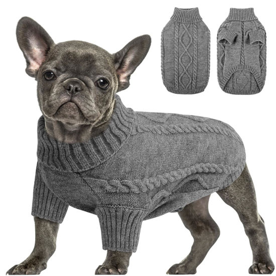 Picture of Queenmore Small Dog Pullover Sweater, Cold Weather Cable Knitwear, Classic Turtleneck Thick Warm Clothes for Chihuahua, Bulldog, Dachshund, Pug (Slate Grey, Large)