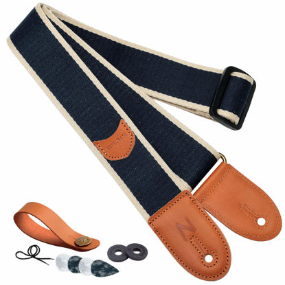 Picture of Nefelibata Guitar Strap, Cotton Full Grain Leather Ends Guitar Straps with Pick Pocket for Bass, Electric & Acoustic Guitar, Come with Free Strap Button, 1 Pair Strap Locks and 4 Guitar Picks