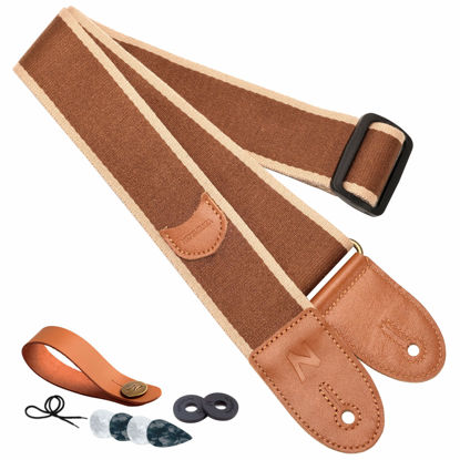 Picture of Nefelibata Guitar Strap, Cotton Full Grain Leather Ends Guitar Straps with Pick Pocket for Bass, Electric & Acoustic Guitar, Come with Free Strap Button, 1 Pair Strap Locks and 4 Guitar Picks
