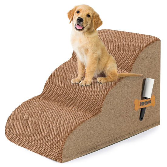 Picture of Romrol Dog Stairs Ramp for Beds Couches, Extra Wide Pet Steps with Durable Non-Slip Waterproof Fabric Cover, Pets Slope Stairs, 3-Tiers,Light Brown