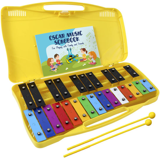 Picture of MINIARTIS Glockenspiel Xylophone | 25 Note Colorful Metal Keys Xylophone for Kids | Percussion Musical Instrument | Includes Music Songbook with 20 Songs, Yellow Carry Case