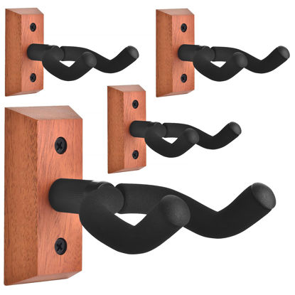 Picture of DOMMI Guitar Wall Mount 4 Pack, Guitar Hanger with Rotatable Soft Hook for All Size Guitars, Hardwood U-Shaped Guitar Holder Wall Mount for Acoustic, Electric Guitar, Bass (Mahogany)