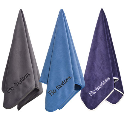 Picture of Wuwahold Microfiber Gym Towels Bigger Size Super Soft for Exercise Fitness, Sports, Workout, 380-GSM 15-Inch x 31-Inch Quick-Drying Towels (3 Pack, Grey+Blue+Navy Blue)