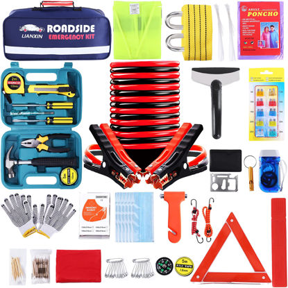 Picture of LIANXIN Roadside Assistance Emergency Kit - Car Emergency Kit with Jumper Cables (Upgraded) Emergency Roadside Kit for Car 142 Pieces Car Safety Kits,Tow Strap,Tool Kit,Reflective Warning Triangle