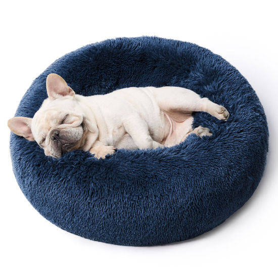 Picture of Bedsure Calming Dog Bed for Small Dogs - Donut Washable Small Pet Bed, 23 inches Anti-Slip Round Fluffy Plush Faux Fur Large Cat Bed, Fits up to 25 lbs Pets, Navy
