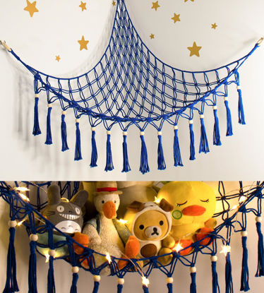 Picture of Stuffed Animal Toy Storage Hammock with LED Light-Macrame Jumbo Doll Room Organizer Mesh Decoration-Hanging Storage Nets Kids Bedroom(Blue Beads)
