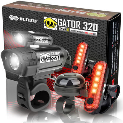 Picture of BLITZU Bike Lights, Bike Reflectors Front and Back. LED Rechargeable Headlight Rear Taillight & Bell Set Bicycle Accessories for Night Riding Men Women Kids. Gift for Dad, Mom, Boys, Girls