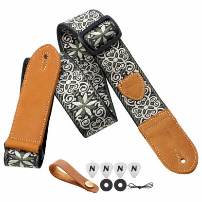 Picture of Nefelibata Guitar Strap,Double leather ends,Vintage Woven W/FREE BONUS-4 Picks+Strap Locks+Strap Button,Best Gift For Bass,Electric&Acoustic Guitars for Guitar(Vintage white green embroidery)