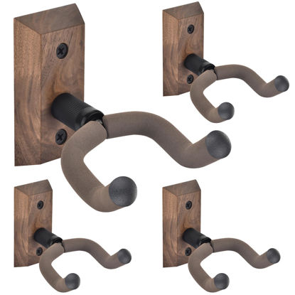 Picture of DOMMI Guitar Wall Mount 4 Pack, Guitar Holder with Rotatable Soft Guitar Hook for All Size Guitars, Hardwood U-Shaped Guitar Hanger Wall Mount for Acoustic, Electric Guitar, Bass, Black Walnut