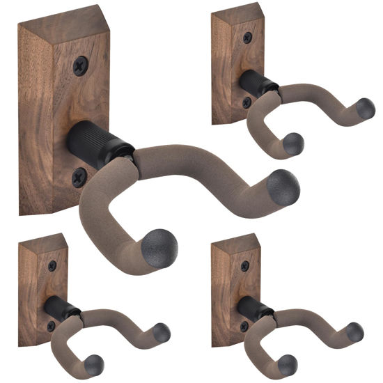 Picture of DOMMI Guitar Wall Mount 4 Pack, Guitar Holder with Rotatable Soft Guitar Hook for All Size Guitars, Hardwood U-Shaped Guitar Hanger Wall Mount for Acoustic, Electric Guitar, Bass, Black Walnut