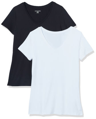 Picture of Amazon Essentials Women's Tech Stretch Short-Sleeve V-Neck T-Shirt (Available in Plus Size), Pack of 2, Black/White, Small