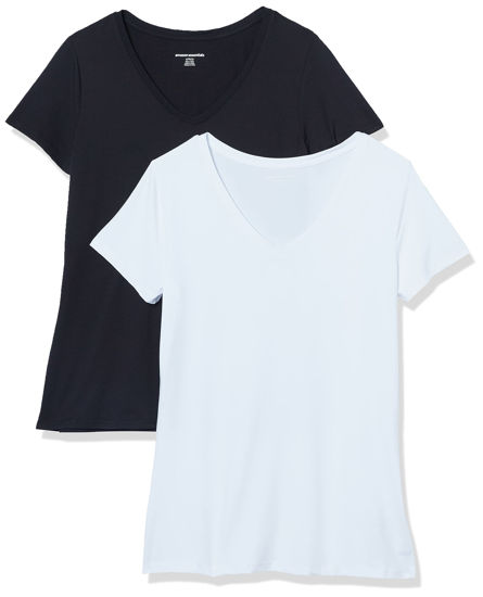 Picture of Amazon Essentials Women's Tech Stretch Short-Sleeve V-Neck T-Shirt (Available in Plus Size), Pack of 2, Black/White, Small