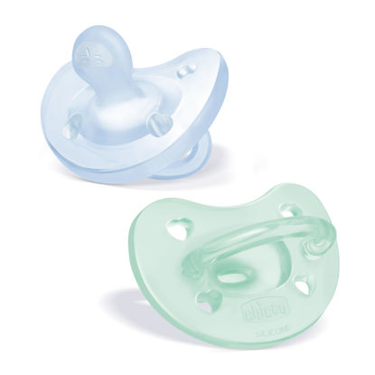 Picture of Chicco PhysioForma 100% Soft Silicone One Piece Pacifier for Babies 0-6 Months | BPA & Latex Free | Reusable Case | Blue/Green, 2pk