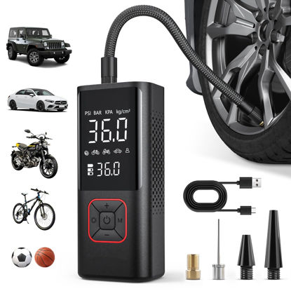 Picture of Powools Cordless Tire Inflator Portable Air Compressor - 150PSI Air Pump with Auto Shutoff Function for Car Tires, Inflatables, Motorcycle, Balls, Compact Bike Tire Pump with LED Light, Red, Large