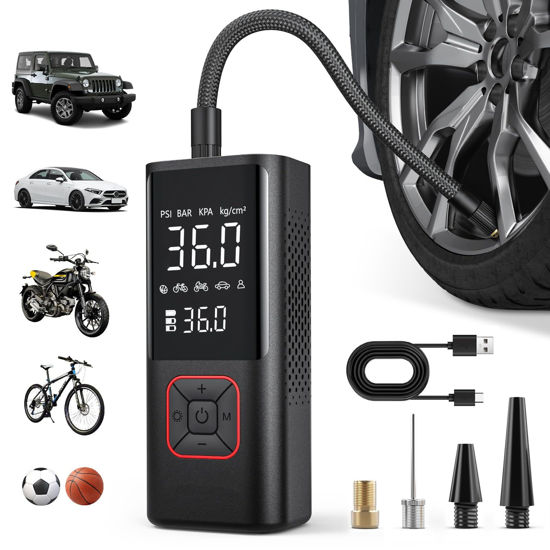 Picture of Powools Cordless Tire Inflator Portable Air Compressor - 150PSI Air Pump with Auto Shutoff Function for Car Tires, Inflatables, Motorcycle, Balls, Compact Bike Tire Pump with LED Light, Red, Large