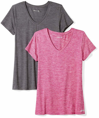Picture of Amazon Essentials Women's Tech Stretch Short-Sleeve V-Neck T-Shirt (Available in Plus Size), Pack of 2, Charcoal Heather Space Dye/Raspberry Red Space Dye, X-Small
