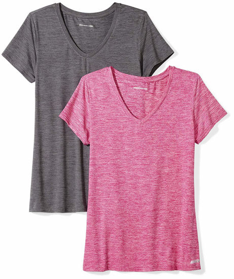 Picture of Amazon Essentials Women's Tech Stretch Short-Sleeve V-Neck T-Shirt (Available in Plus Size), Pack of 2, Charcoal Heather Space Dye/Raspberry Red Space Dye, X-Small
