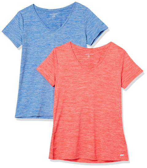 Picture of Amazon Essentials Women's Tech Stretch Short-Sleeve V-Neck T-Shirt (Available in Plus Size), Pack of 2, Coral Orange Space Dye/Light Blue Space Dye, XX-Large