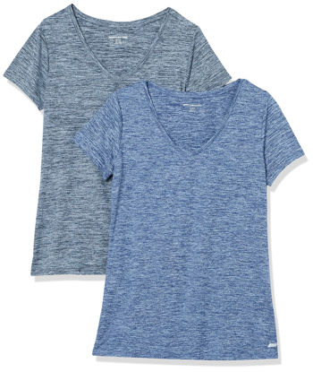Picture of Amazon Essentials Women's Tech Stretch Short-Sleeve V-Neck T-Shirt (Available in Plus Size), Pack of 2, Black Heather/Navy Heather, Small