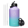 Picture of BUZIO 64oz Insulated Water Bottle Stainless Steel Double Wall Leak Proof Half Gallon with Straw Lid and Flex Cap (Cold for 48 Hrs) Sports Flask Metal Travel Mug for Hiking, Camping, Purple Green