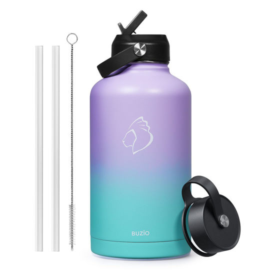Picture of BUZIO 64oz Insulated Water Bottle Stainless Steel Double Wall Leak Proof Half Gallon with Straw Lid and Flex Cap (Cold for 48 Hrs) Sports Flask Metal Travel Mug for Hiking, Camping, Purple Green
