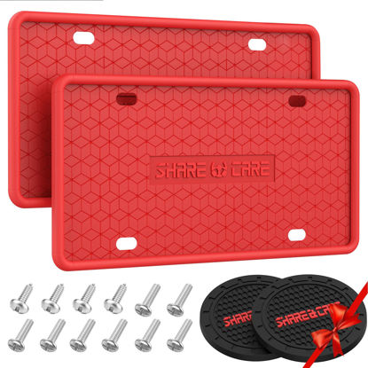 Picture of QiqaMole 2 Pack Silicone License Plate Frame, Front Back License Plate Cover, License Plate Bracket Holder Rust-Proof, Rattle-Proof, Weather-Proof for US CA Standard Car & 2Pcs Water Coaster (Red)