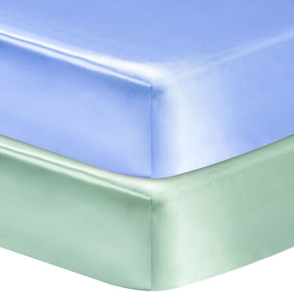 Picture of GUNTAIL 2 Pack Satin Soft Crib Sheet for Baby with Sensitive Hair Silky Baby Mattress Sheet Blue and Green Unisex 52’’x28’’x8’’ Fitted Sheets
