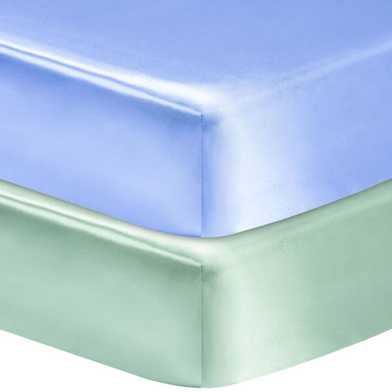 Picture of GUNTAIL 2 Pack Satin Soft Crib Sheet for Baby with Sensitive Hair Silky Baby Mattress Sheet Blue and Green Unisex 52’’x28’’x8’’ Fitted Sheets