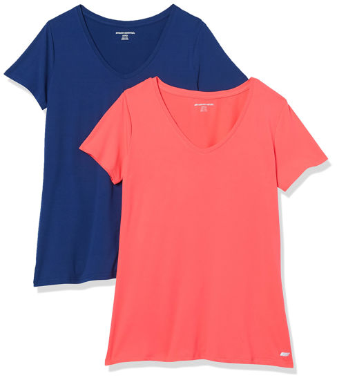 Picture of Amazon Essentials Women's Tech Stretch Short-Sleeve V-Neck T-Shirt (Available in Plus Size), Pack of 2, Bright Pink/Navy, Large