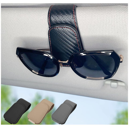 Picture of CHOSMOYI Magnetic Leather Sunglass Holder for Car, Sunglasses Clip for Car Visor, Auto Interior Accessories Universal for Different Size Eyeglasses (Carbon Fiber)