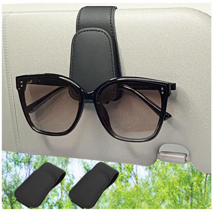 Picture of CHOSMOYI 2 Packs Sunglasses Holder for Car, Sunglass Clip for Car Visor, Magnetic Leather Car Eyeglass Holder and Ticket Card Clip, Suitable for Different Size Eyeglasses(Black