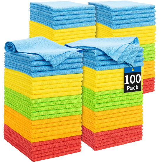Picture of HOMERHYME Microfiber Cleaning Cloths, 100 Pack Cleaning Rags Microfiber Towels Bulk Absorbent Lint-Free Washcloths, All-Purpose Cloth Wipes for Car, Shop, Garage, Household Cleaning 11.5"*11.5"
