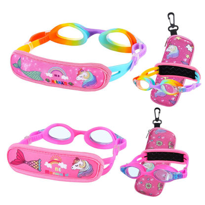 Picture of RUIGAO Kids Swim Goggles Age 2-6, Toddler Goggles No Hair Pull, Child Goggles Padded HeadBand (2PK Goggles - Rainbow & Pink Mermaid)