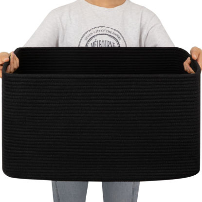 Picture of OIAHOMY Large Blanket Basket, Storage Basket with Handle, Blanket Basket for Living Room, Rectangle Woven Cotton Rope Basket, Toy Baskets Organizer Bins, 22" x 17"x 12" in,Charcoal Black