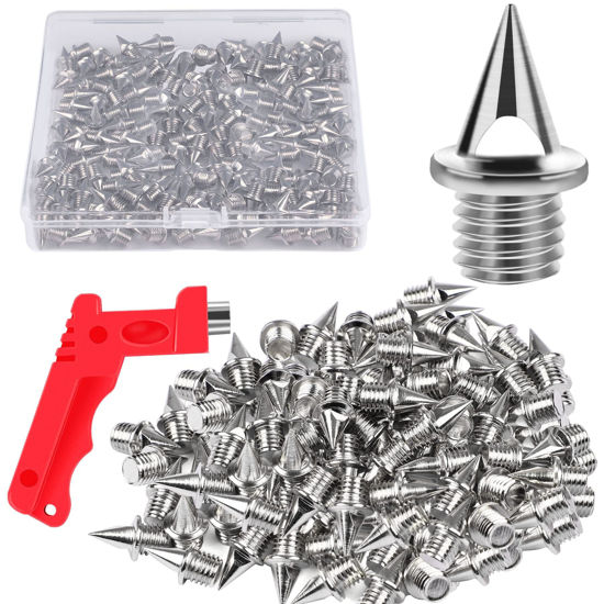 Picture of JULMELON 120PCS 1/4inch Stainless Steel Track and Cross Country Spikes Golf Shoe Spikes with Spike Wrench, Replacement Spikes for Sprint Sports Short Running Track Shoes