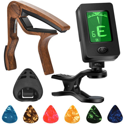 Picture of Guitar Capo, Guitar Picks, Guitar Accessories with Guitar Tuner, Capo for Acoustic Guitar, Bass, Buzzing-Free, Quick Release, Guitar Tuner Clip on for Guitar, Violin, Bass, Ukulele Chromatic, Rosewood