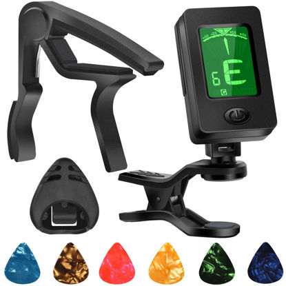 Picture of Guitar Tuner, Guitar Accessories with Guitar Picks, Guitar Capo, Capo for Acoustic Guitar, Bass, Buzzing-Free, Quick Release, Guitar Tuner Clip on for Guitar, Violin, Bass, Ukulele Chromatic
