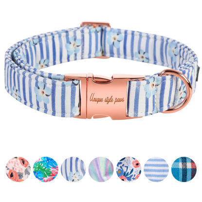 Picture of Unique style paws Dog Collar Metal Buckle Blue Striped Flower Collar Gift Durable Cute Collar for Small Medium Large Boys Girls Dogs